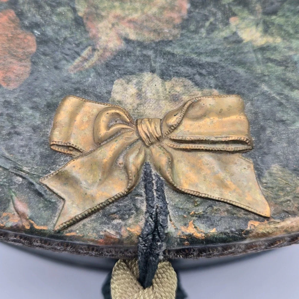 Antique Half Moon Floral‎ Decoupage Large Storage Box Green 12X8X4 Old World